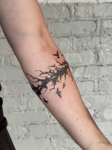 Freehand • Graphic dark abstract arm band✨, -, dm to book your next tattoo, #tattoo #tattooartist #blackwork #atlanta #freehandtattoo