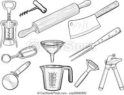 Kitchen utensil kitchen tools coloring pages. Kitchen Utensil Sketches Vector Hand Drawn Kitchen Equipment And Tableware Canstock