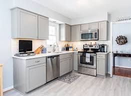 Shaker kitchen cabinet designs offer the ultimate in flexibility ranging from the latest transitional kitchen trends to beautiful 18th century shaker styling. Transitional Kitchen With Gray Beadboard Cabinets And White Countertops In Dumfries Va K S Renewal Systems Llc