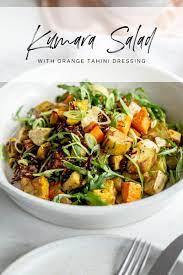 Kumara Salad With An Orange Tahini Dressing Kumara Are New Zealand Sweet Potatoes And They Re Just Delicious As Kumara Salad Kumara Recipes Delicious Salads