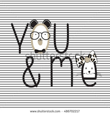 Teddy Bear And Cat You And Me Subtitles On Striped Background T Shirt Graphics For Kids Vector Illustration Bu Stok Vektor Teddy Bear Illustration Desenler
