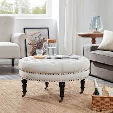 2 h x 20 w x 12 d. Belleze Large Ottoman Cushion Round Tufted Linen Bench W Caster Beige On Sale Overstock 17833240