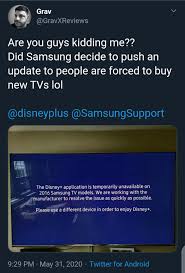 For the best viewing experience, make sure that your smart tv is fully updated and running the plus, all fire tv devices and fire tv edition smart tvs are compatible with the disney + app. Users Report Disney App Temporarily Unavailable On Their Samsung Tv