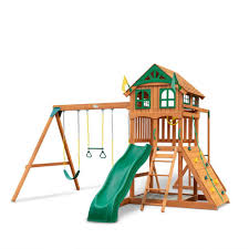 Gorilla Playsets Installed Outing Iii Wooden Playset With Wood Roof Monkey Bars And Rock Wall 01 1069 Inst The Home Depot Wooden Swing Set Wooden Playset Wood Roof