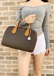 Black And Brown Mk Purse Michael Kors Hayes Large Duffle Satchel Bag Brown Mk Signature Mk Ebayfashion Mercariapp Posher Posh Pos Handbags Michael Kors Satchel Bags Michael Kors