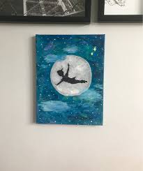 Disney S Peter Pan Flying Past The Moon Canvas Painting Etsy Canvas Painting Painting Art Projects Disney Canvas Paintings
