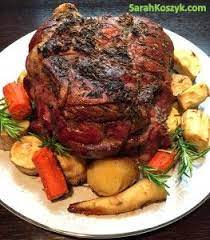 Roasted Leg Of Lamb With Fingerling Potatoes Carrots And Parsnips And A Mint Sauce On The Side Sarah Koszyk Recipe Roast Lamb Leg Lamb Side Dishes Mint Sauce