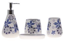 Blue and white ceramic bathroom accessories. Elegant 4 Piece White Ceramic Bathroom Accessory Set Blue And Purple Flower Pattern Design Tropical Style Decor Including 1 Soap Dispenser 1 Tumbler 1 Toothbrush Holder And 1 Soap Dish