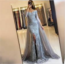 Arabic Pageant Grey Prom Dresses 2019 New Elegant Off Shoulders Appliqued Beaded Long Sleeves Plus Size Women Formal Evening Party Gowns 108 Xscape