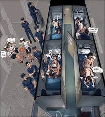 gogocherry, original, highres, partially translated, translation request,  6+boys, 6+girls, black skirt, blush, bra, breasts, cum, embarrassed, female  focus, group sex, in the bus, indoors, korean text, large breasts,  miniskirt, multiple boys, multiple