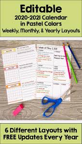 Editable 2020 2021 Calendar In Pastel Colors With Free Updates Every Year In 2020 School Calendar School Calendar Printables Calendar Template