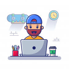 Hombre que trabaja en la ilustración del icono del ordenador portátil.  trabajar desde casa mascota personaje de dibujos animados. concepto de icono  de personas aislado | Vector Premium