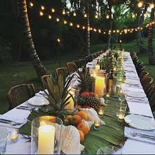Crushing On This Gorgeous Tropical Outdoor Dining Arrangement By Davidflintwood For His Sons Tropical Wedding Theme Wedding Themes Summer Tropical Theme Party