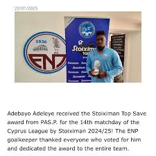 Super Eagles goalkeeper Adebayo Adeleye still out there receiving accolades  and recognition. Congratulations @a.adeleye_1 🧤 #NaijaFootballers