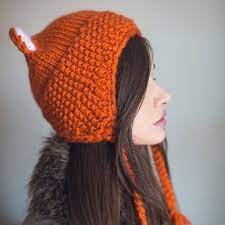 Earflaps Hat With Braids Knitted Winter Hat With Cat Ears Fox Cap Ears Hat Woman Fox Cat Beanie Ski Cat Hats Knitted Knitted Hats Fox Hat