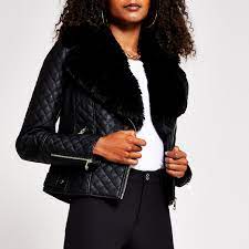 Faux suede lined teddy faux fur biker jacket. Black Quilted Faux Fur Pu Biker Jacket Black River Island Jackets Ibt Shop