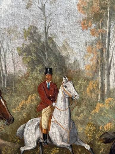 19th century English fox hunt in landscape with huntsman and women with hounds at 1stDibs