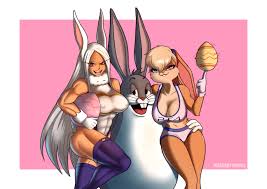 mash (artist), big chungus, bugs bunny, lola bunny, mirko, boku no hero  academia, looney tunes, space jam, absurdres, highres, 1boy, 2girls,  alternate breast size, animal ears, blue eyes, body fur, breasts, cleavage,