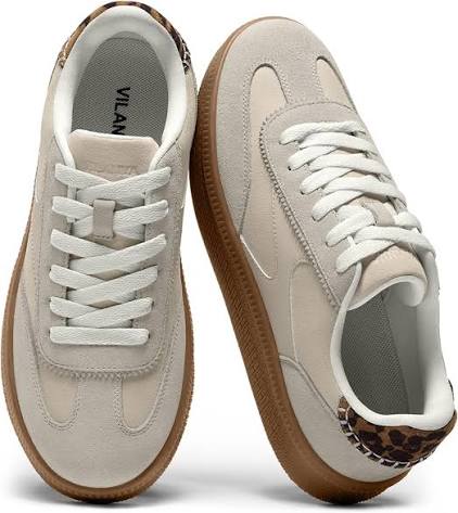Amazon.com | Vilanva Women's Fashion Sneakers Casual Tennis Shoes with  Genuine Suede Classic Retro Gum Sole Walking Trendy Footwear Beige Multi |  Fashion Sneakers