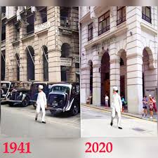 1941年 2020年平行時空七十九年中環畢打街 畢打行 畢打行pedder building 舊稱必打行 位於香港中西區中環畢打街12號 畢打行建於1923年 是香港一座歷史悠久的商業建築物 樓高九層 採用新古典主義樣式的圓拱 vintage photographs hong kong street view