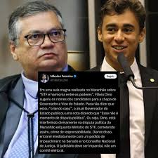 Nikolas Ferreira diz que vai pedir impeachment de Flávio Dino do STF.  Segundo o deputado, Dino, está interferindo diretamente na disputa política  do Maranhão enquanto Ministro do STF.