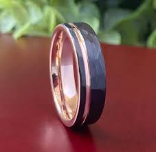 Rose Gold Tungsten Ring Black Hammered Wedding Band Women Men Comfort Fit Design 6mm Sizes 5 To 14 His Hers Anniversary Engagement Love Gift