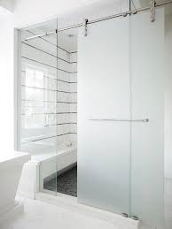 Frosted Glass Sliding Shower Door On Rails Transitional Bathroom Sliding Shower Door Shower Doors Frosted Shower Doors