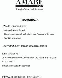 Info loker dicafe bjm hari ini : Lowongan Pramuniaga Kafe Semarang Gibran Waluyo 19 Nov 2020 Loker Atmago Warga Bantu Warga