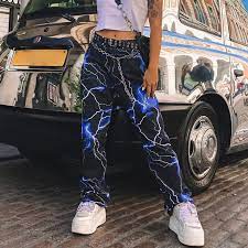 Lightning Print Cargo Pants Women Joggers Streetwear Blue Trousers High Waist Wearlooks Pants For Women Women Pants Casual Streetwear Fashion