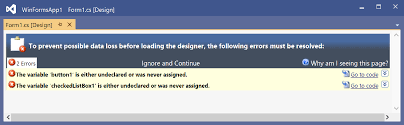 Design Time Errors In The Windows Forms Designer Microsoft Docs