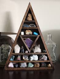 Large Crystal And Mineral Collection In Handmade Elongated Wood Triangle Shelf Along With Handymaiden Bear Sculpture Mineral Collection Large Crystals Minerals