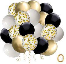 You will need helium to inflate the bouquet.details of this listing:9 x 11 black balloons9 x 11 gold balloons9 x 11 white balloons9 x 11 clear with gold angel hair confetti3 x 18 gold stars3 x 18 gold hearts2 x 36 with gold square confettinumber. Amazon Com Black And Gold Confetti Balloons 50 Pack 12inch White Latex Party Balloon Set With Gold Ribbon For Graduation Wedding Birthday Baby Shower Decorations Health Personal Care