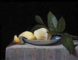 Justin Wood Peeled Lemon In Plate 2017 Olieverf Op Paneel 8 X 10 Cm Still Life Painting Lemon Fruit