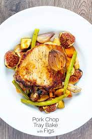Pork Chop Tray Bake With Figs Root Veggies Recipe Cooked Pork Recipes Pork Recipes Cooking Dinner