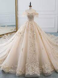Champagne Ball Gown Tulle Lace Appliques Off The Shoulder Haute Couture Wedding Dress In 2021 Long Wedding Dresses Ball Gowns Wedding Haute Couture Wedding Dress