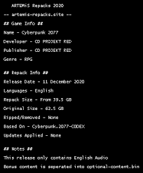 Cyberpunk 2077 for the following languages: Cyberpunk 2077 Artemis Repack English Only Goodies From 39 5 Gb Piratedgames