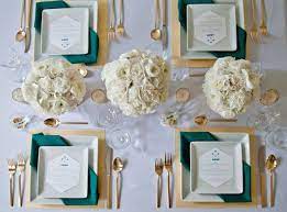 I created this easter lunch look starting with white dinner plates layered under turquoise pottery barn salad plates — this provided the base for this turquoise and white color. Gold Teal Modern Table Inspiration Gold Table Setting Teal Wedding Colors Wedding Table