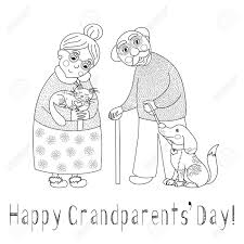 Keep your kids busy doing something fun and creative by printing out free coloring pages. Happy Grandparents Day Card Poster With Cute Darling Grandmother And Grandfather Granny And Grandpa Their Cat And Dog On Leash Vector Illustration Coloring Book Page For Children Royalty Free Cliparts Vectors And