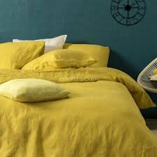 Blanc, gris anthracite, bleu céladon, vert sapin, rose poudré et jaune moutarde. Housse De Couette 260 Cm Lin Lave Sonate Jaune Safran Linge De Lit Eminza