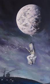 Girl Sitting On A Paint Bucket Tied To The Moon While Painting Stars In The Sky Art Moon Art Star Painting Painting