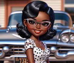 1950's lnspired** Prompt: side view hyper realistic illustration of a happy  melanated chibi woman with sleek wavy hair dressed in 1950s-inspired  clothing, with a polka dot dress, cat-eye glasses, and retro