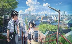 Mitsuha is the daughter of the mayor of a small mountain town. Hd Wallpaper Kimi No Na Wa Mitsuha Miyamizu Taki Tachibana Clouds Stairs Wallpaper Flare