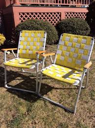 2 Vintage Yellow White Webbed Aluminum Folding Lawn Chairs W Wood Arms Lawn Chairs Wood Arms Vintage Yellow