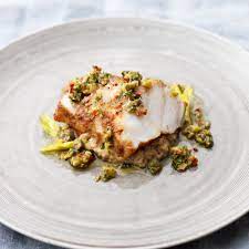 Tom Kerridge S Spiced Monkfish And Aubergine Puree With Green Olive Dressing Recipe Monkfish Recipes Main Course Recipes Recipes