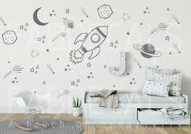 Diy room decor for boys rooms or girls who love space themed bedroom ideas and decorations. Id288 Space Wall Decal Rocket Decal Space Themed Room Girls Room Decor Outer Space Decor Planets Wall Decal Wall Decals Murals Home Living Kromasol Com