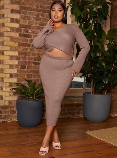 Plus Size Rib Knit Midi Skirt in Mocha | Chi Chi London UK