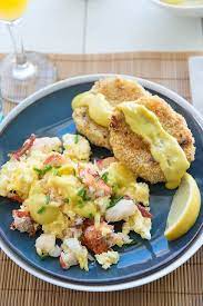 Lobster Scrambled Eggs With Wasabi Hollandaise And Crispy Leek Potato Cakes Recipe Seafood Recipes Potato Cakes Potato Cakes Recipe