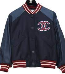 Amore Chanel Vintage Sport Leather Sleeve Baseball Jacket Navy Red Japan Fashion Organization Baseball Jacket Leather Sleeve