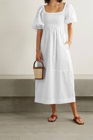 White Daisy Smocked Cotton Poplin Midi Dress La Ligne In 2020 Midi Dress Dresses Cotton Poplin