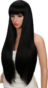 Popular black silky hair of good quality and at affordable prices you can buy on aliexpress. Kalyss 28 Inches Women S Silky Long Straight Black Wig Heat Resistant Synthetic Wig With Bangs Hair Wig For Women Amazon Ca Beauty